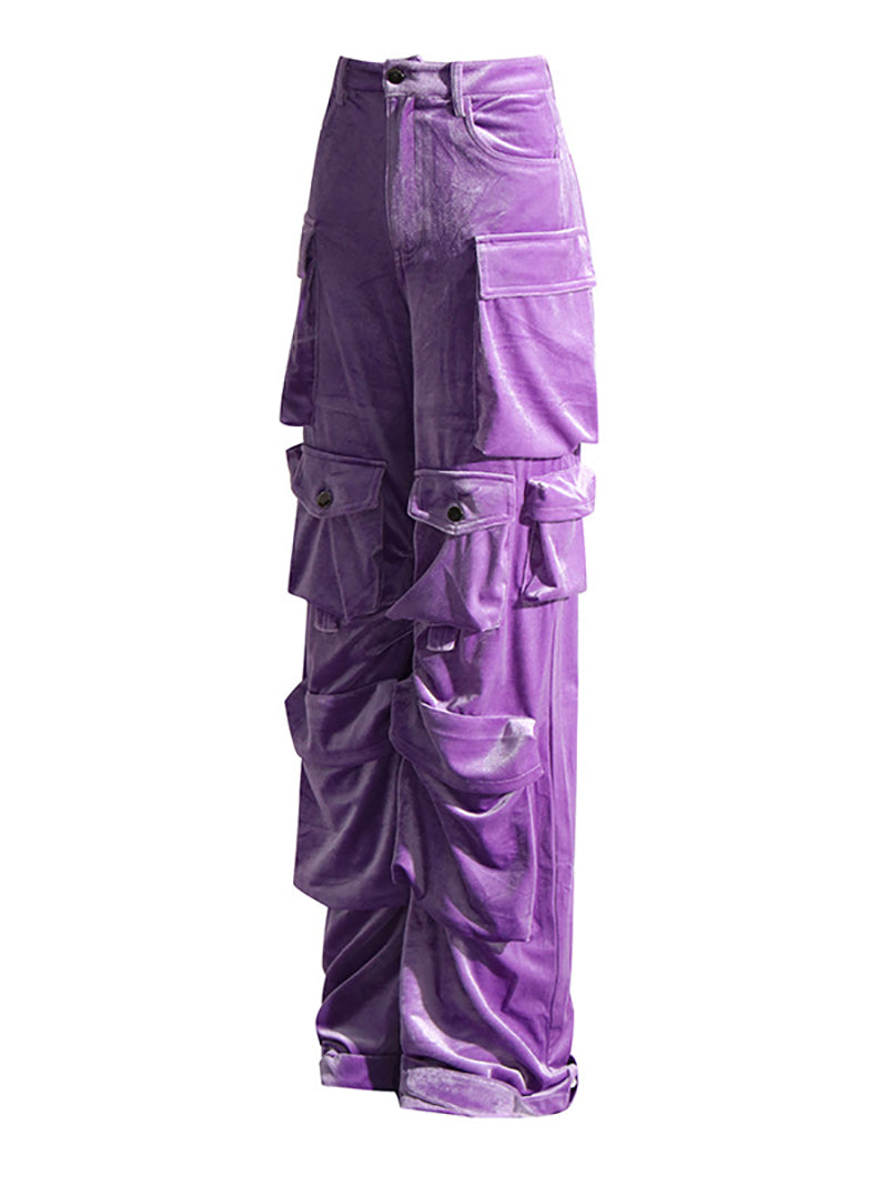 Fashion Velvet Multi Pockets High Waist Cargo Pants