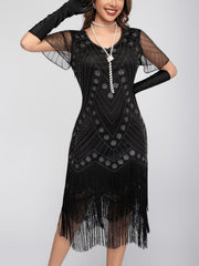 1920s Sequin Fringe Short Sleeve Flapper Dress
