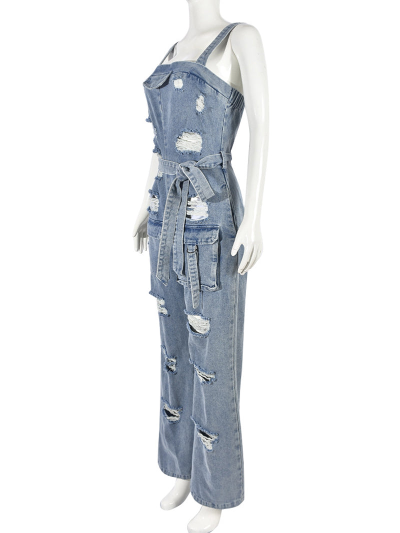 Fashion Bandage Ripped Denim Jumpsuit