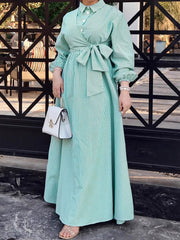 Elegant Turn-down Collar Striped Cinched Waist Dress