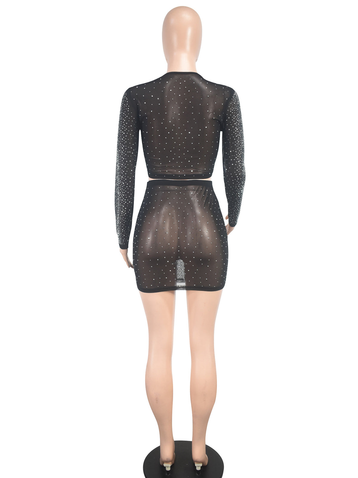 Sexy See-Through Long Sleeve Beaded Top Mini Skirt Set