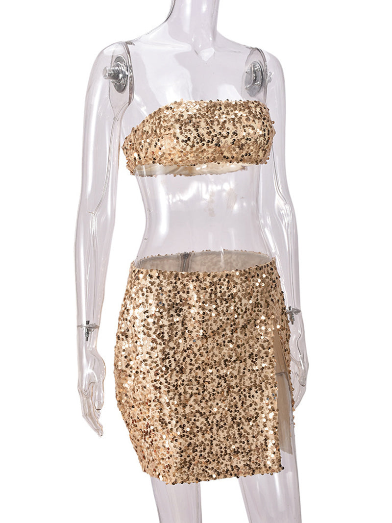 Sexy Sequins Strapless Mini Skirt Nightclub Two Pieces