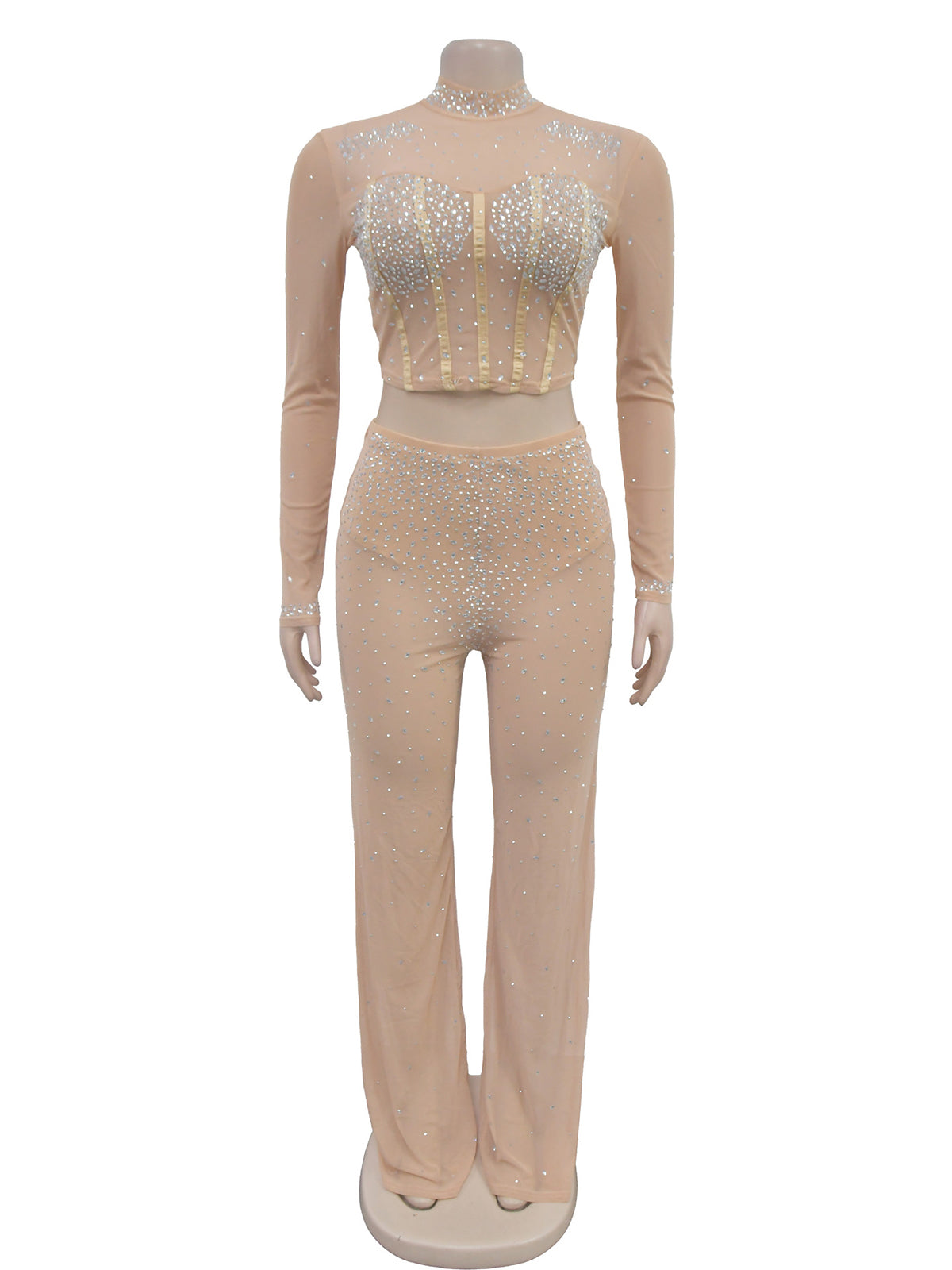 Sexy Sheer Mesh Rhinestone Club Two Piece Set