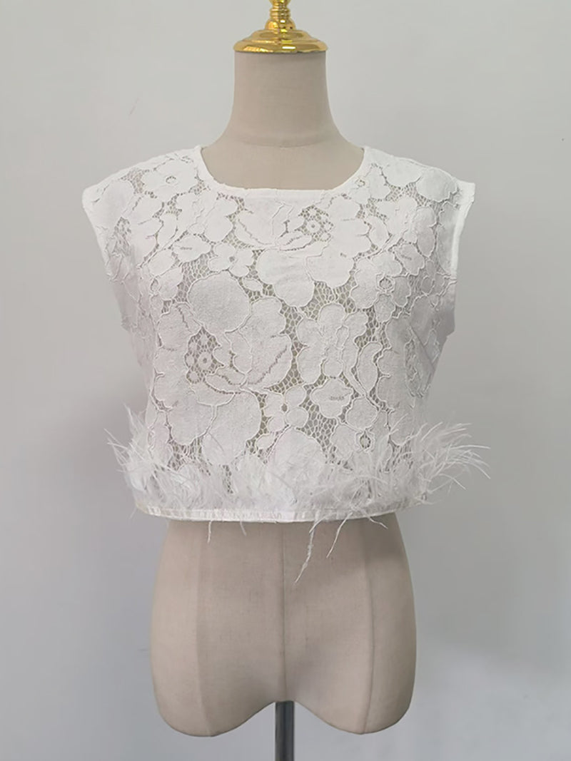 Fashion Embroidered Feather Crop Top Wide Leg Pants Set
