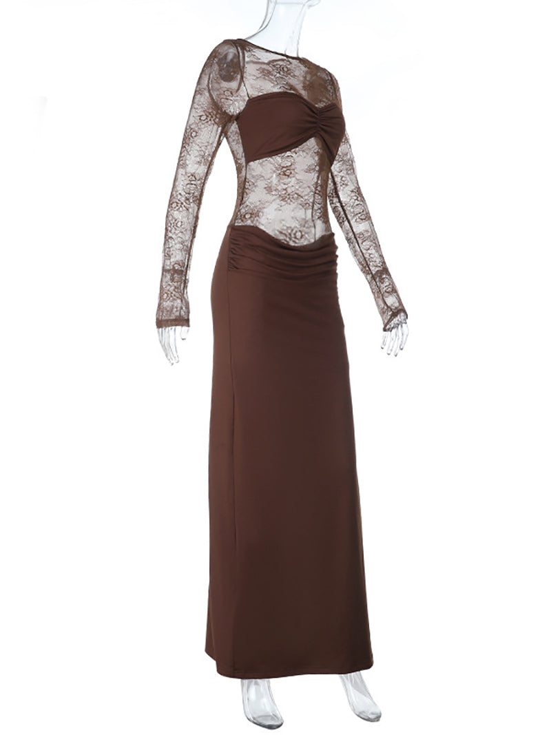 Round Collar Lace Patchwork See-Through Maxi Dress