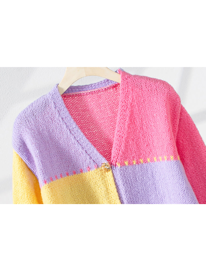 Elegant Colorblock Ribbed Knit Cardigan Sweater