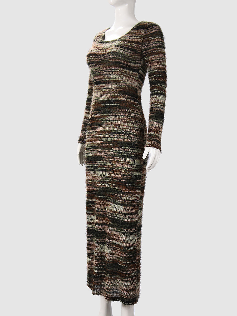 Fashion Colorblock Striped Bodycon Split Hem Maxi Dress