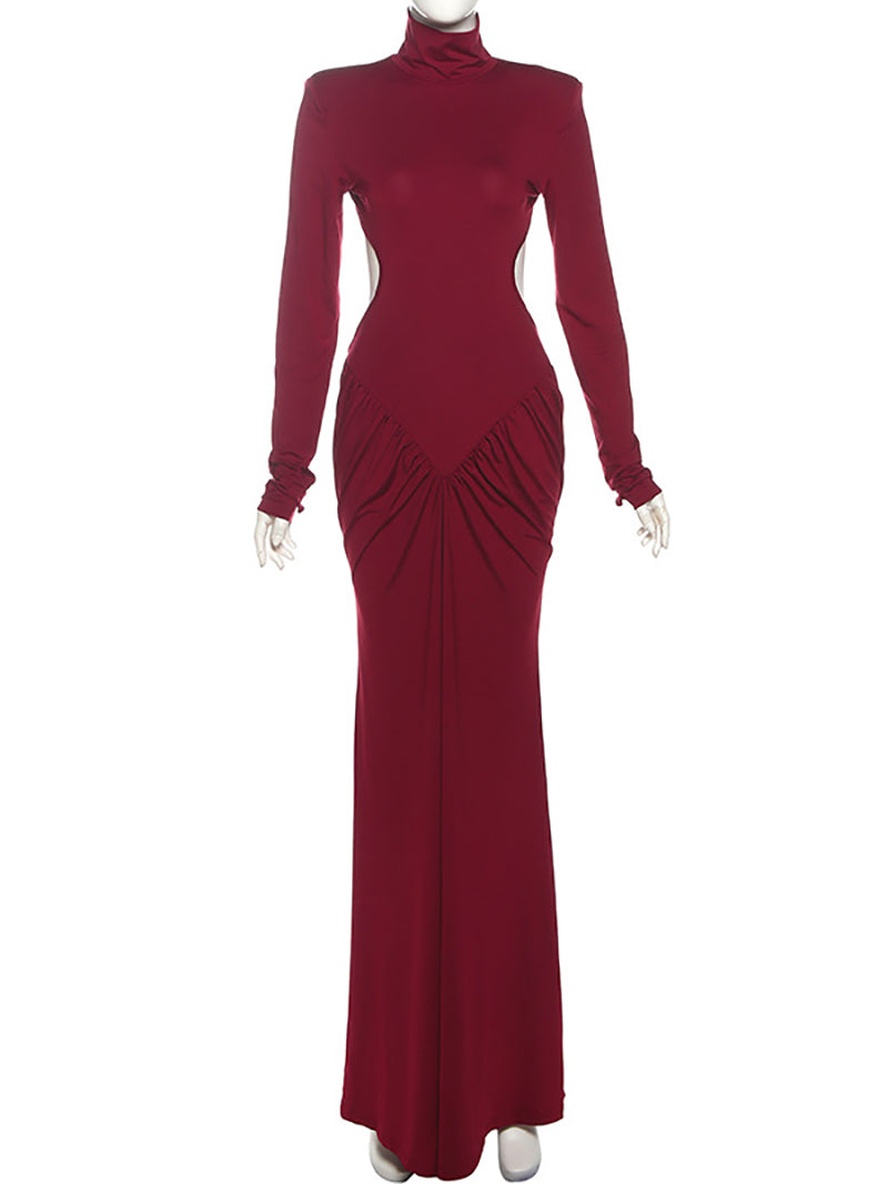 Elegant High Collar Cutout Ruched Maxi Dress