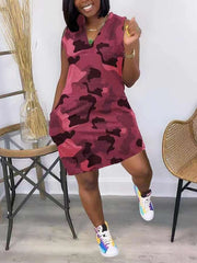 Casual V Neck Camo Print Sleeveless Loose Midi Dress