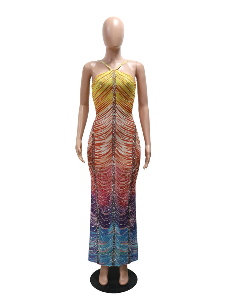 Gradient Color Print Rhinestones Sleeveless Maxi Dress