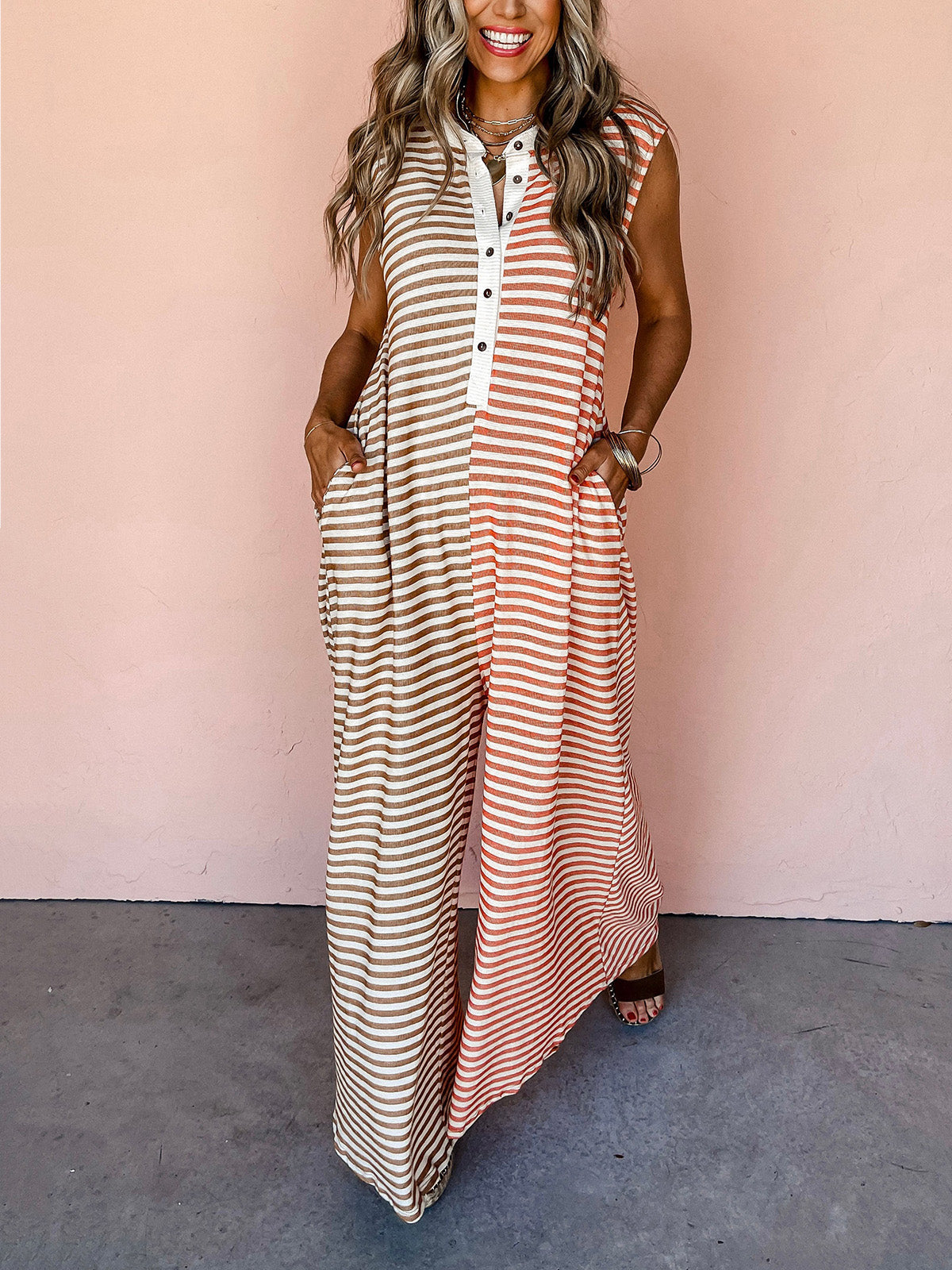 Casual Stripe Patchwork Wide Leg Jumpsuit