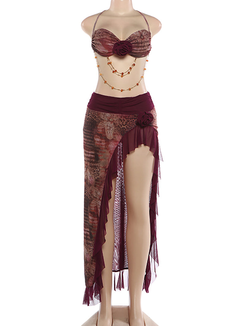 Sexy Print Chest Top And Frill Hem High Split Maxi Skirt Sets