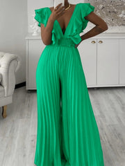 Elegant V Neck Ruffle Pleated Wide Leg Jumpsuit