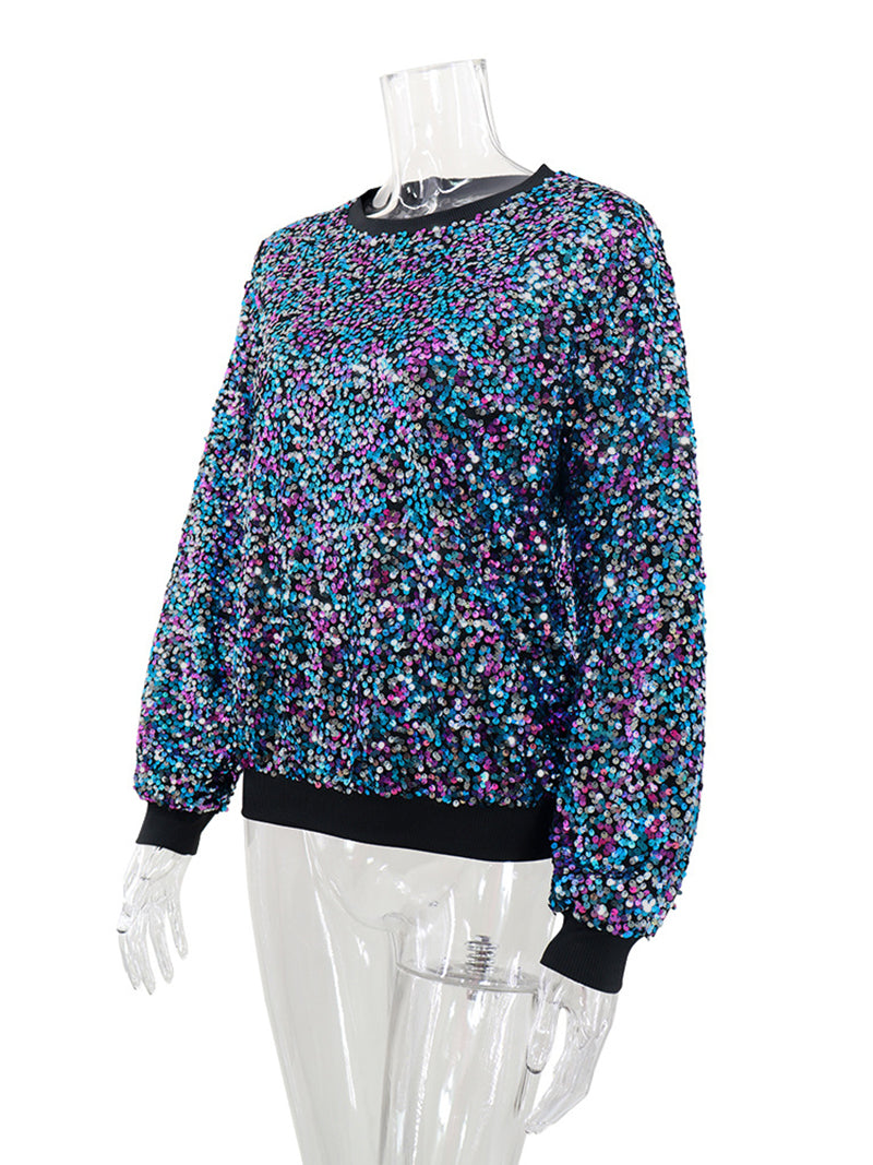 Rainbow Sequin Round Neck Pullover Top