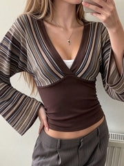Wavy Stripe V Neck Bell Sleeve Top