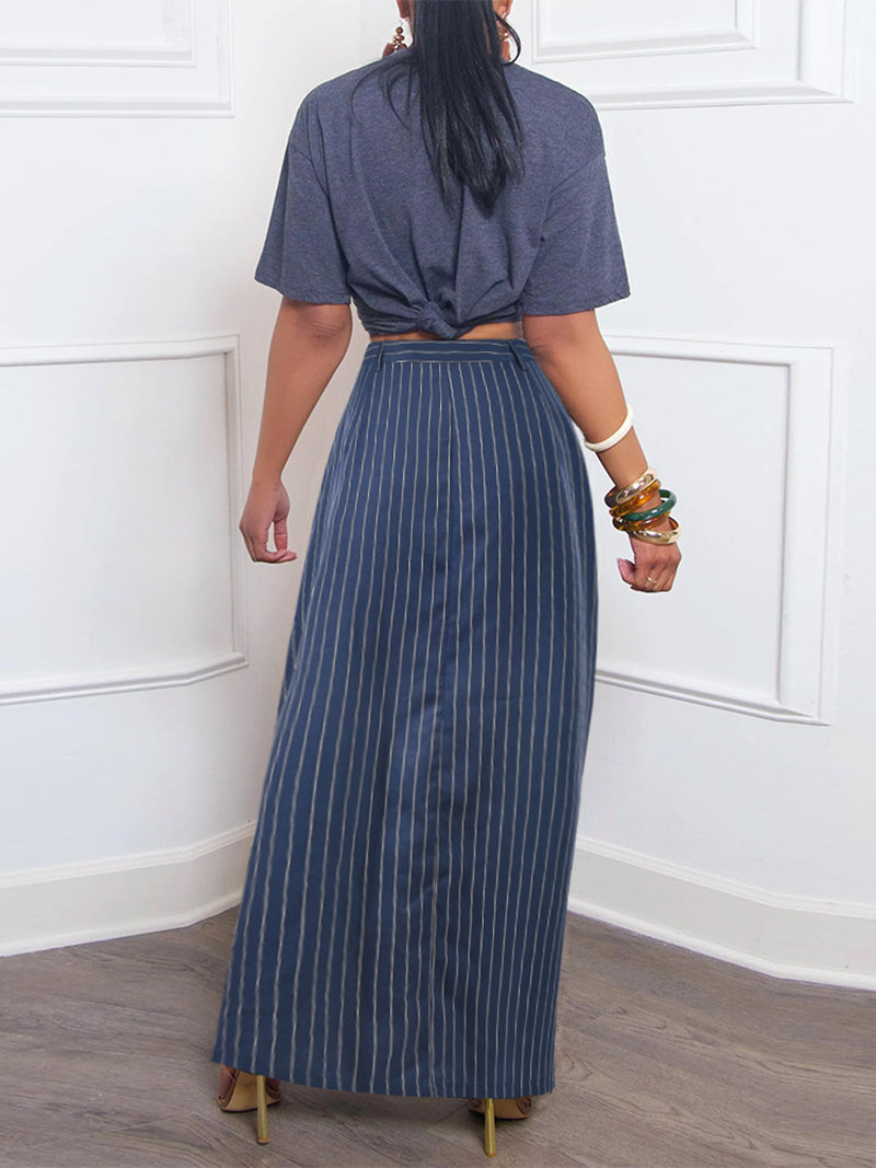 Striped Back Waist Side Silt Cotton Maxi Skirt