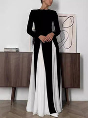 Elegant Contrast Color Round Neck Slim Dress