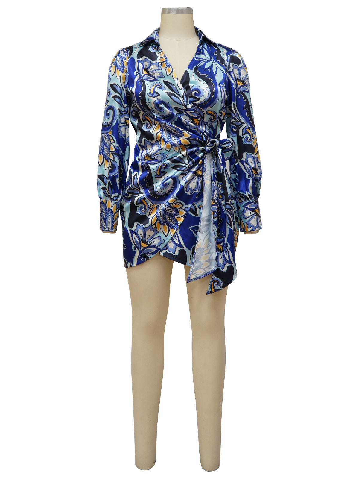 Fashion Long Sleeve Printed Tied Shirt Dress