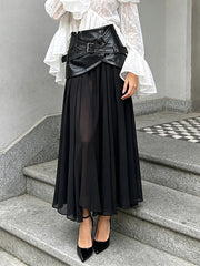 Fashion Faux Leather Patchwork Asymmetrical Midi Skirt