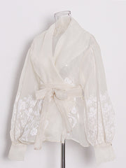 Retro Bubble Sleeve Lace-up Slim Shirt