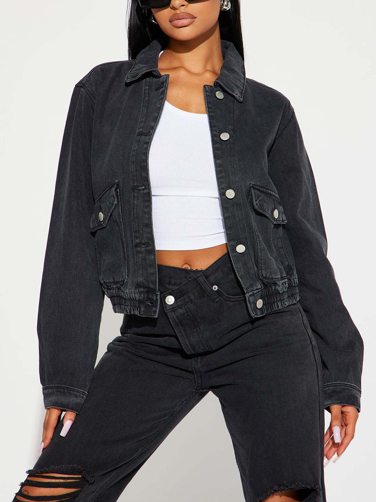 Washed Lapel Denim Cropped Jacket