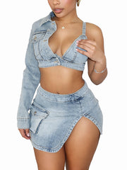 Sexy One Sleeve Top Denim Skirts Sets