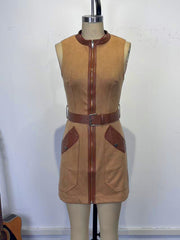Elegant Sleeveless PU Leather Patchwork Mini Dress