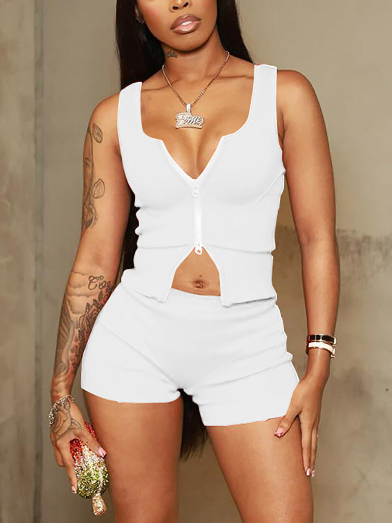 Sexy Sleeveless Zipper Vest Tight Shorts Sports Set