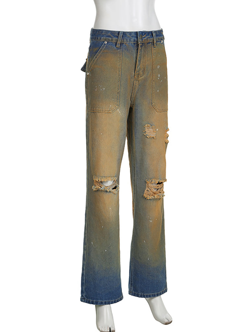 Retro Gradient High Waist Ripped Straight Denim Pants