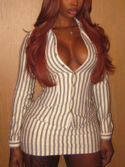 Casual Stripe Shirt Mini Skirt Two Piece Set