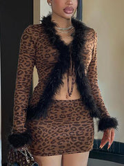 Sexy Fur Patchwork Leopard Print Cardigan Skirt Sets