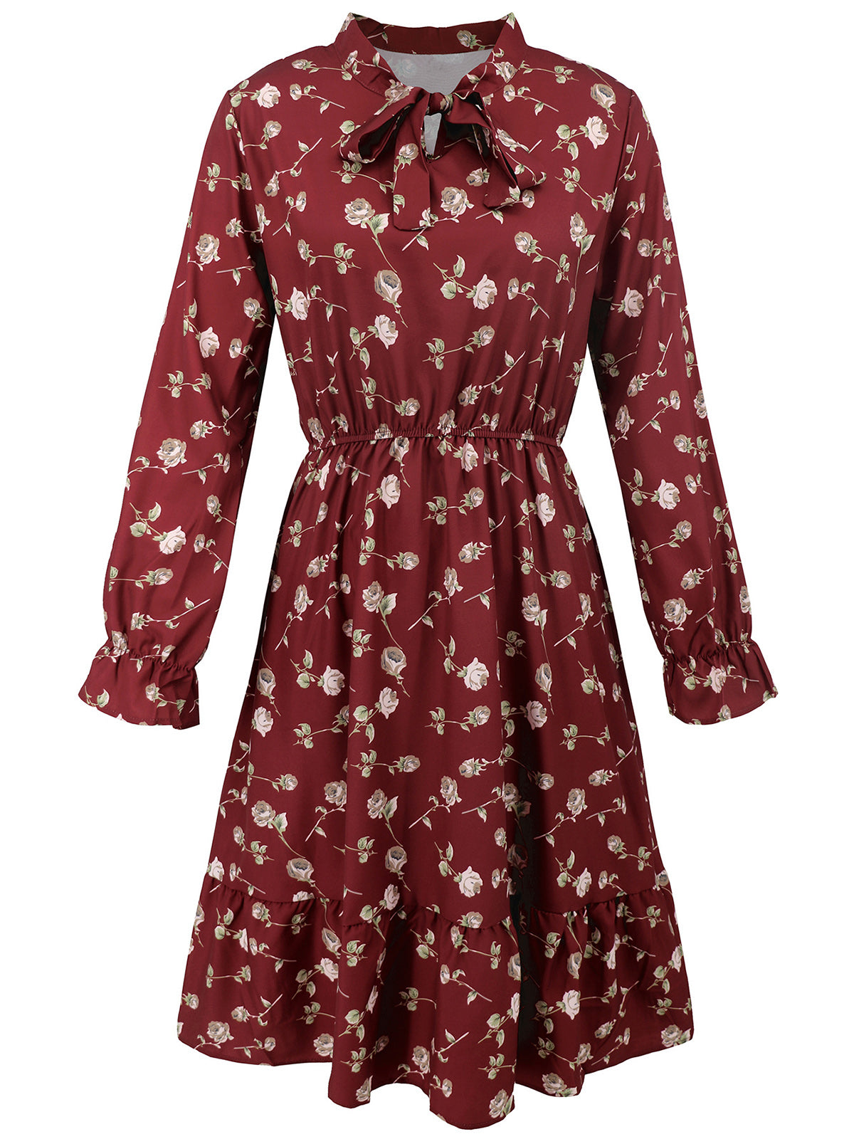 Casual Floral Print Ruffle Slim Midi Dress