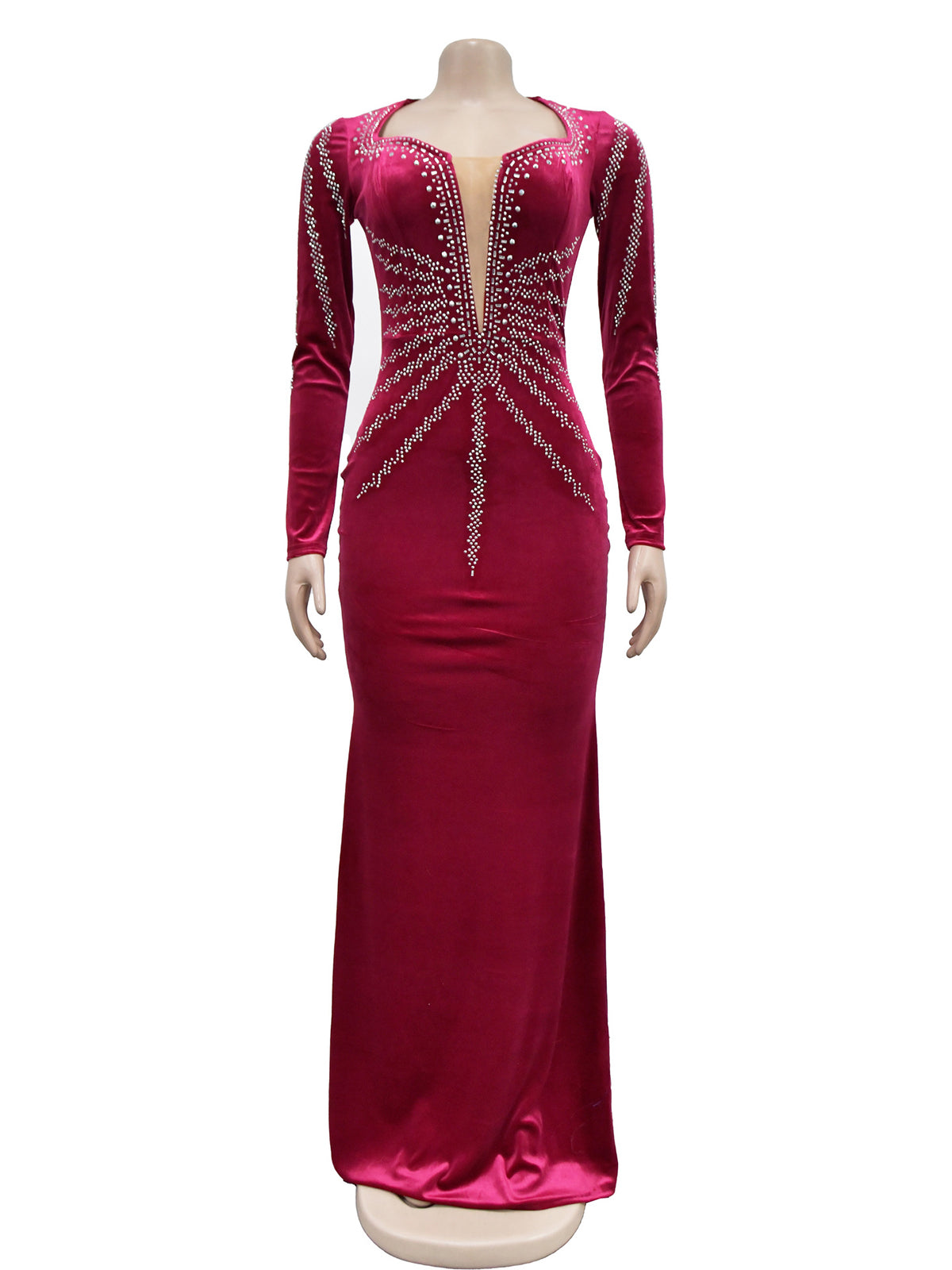 Sexy Rhinestone Long Sleeve Bodycon Maxi Dress