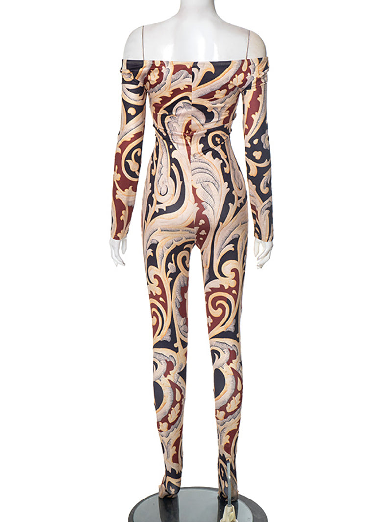 Sexy Print Patchwork Off Shoulder Skinny Jumpsuit