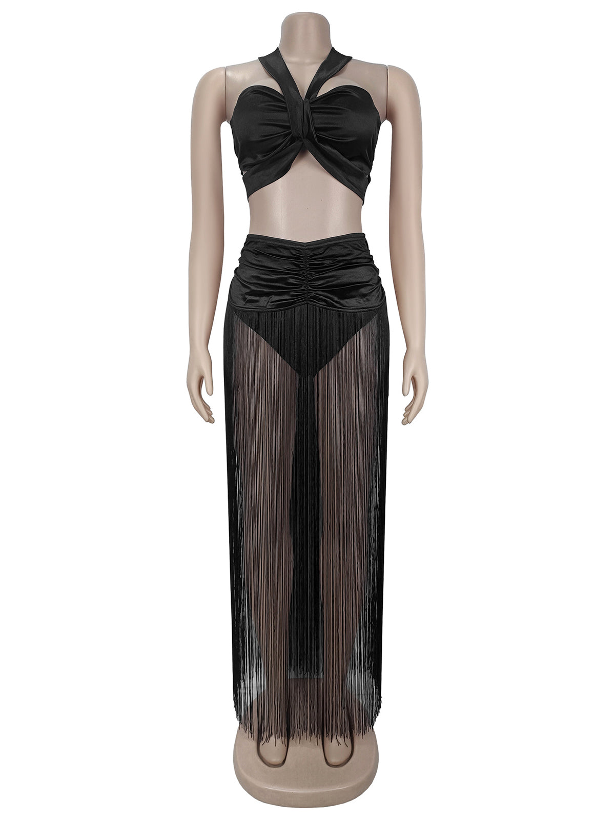 Sexy Crop Tube Top Fringe Maxi Skirt Two Piece Set