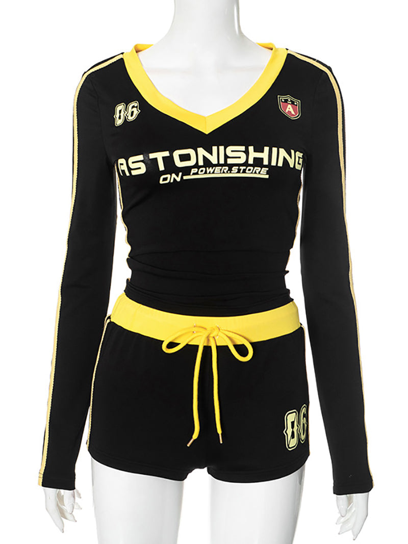 Retro Slim Crop Tops Shorts Fitness Sports Casual Set