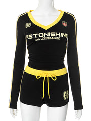 Retro Slim Crop Tops Shorts Fitness Sports Casual Set