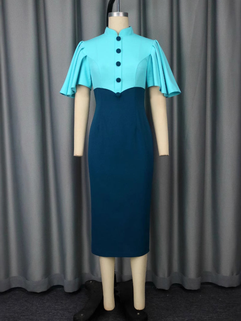 Color Block Patchwork Ruffles Sleeve Bodycon Midi Dress