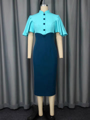 Color Block Patchwork Ruffles Sleeve Bodycon Midi Dress