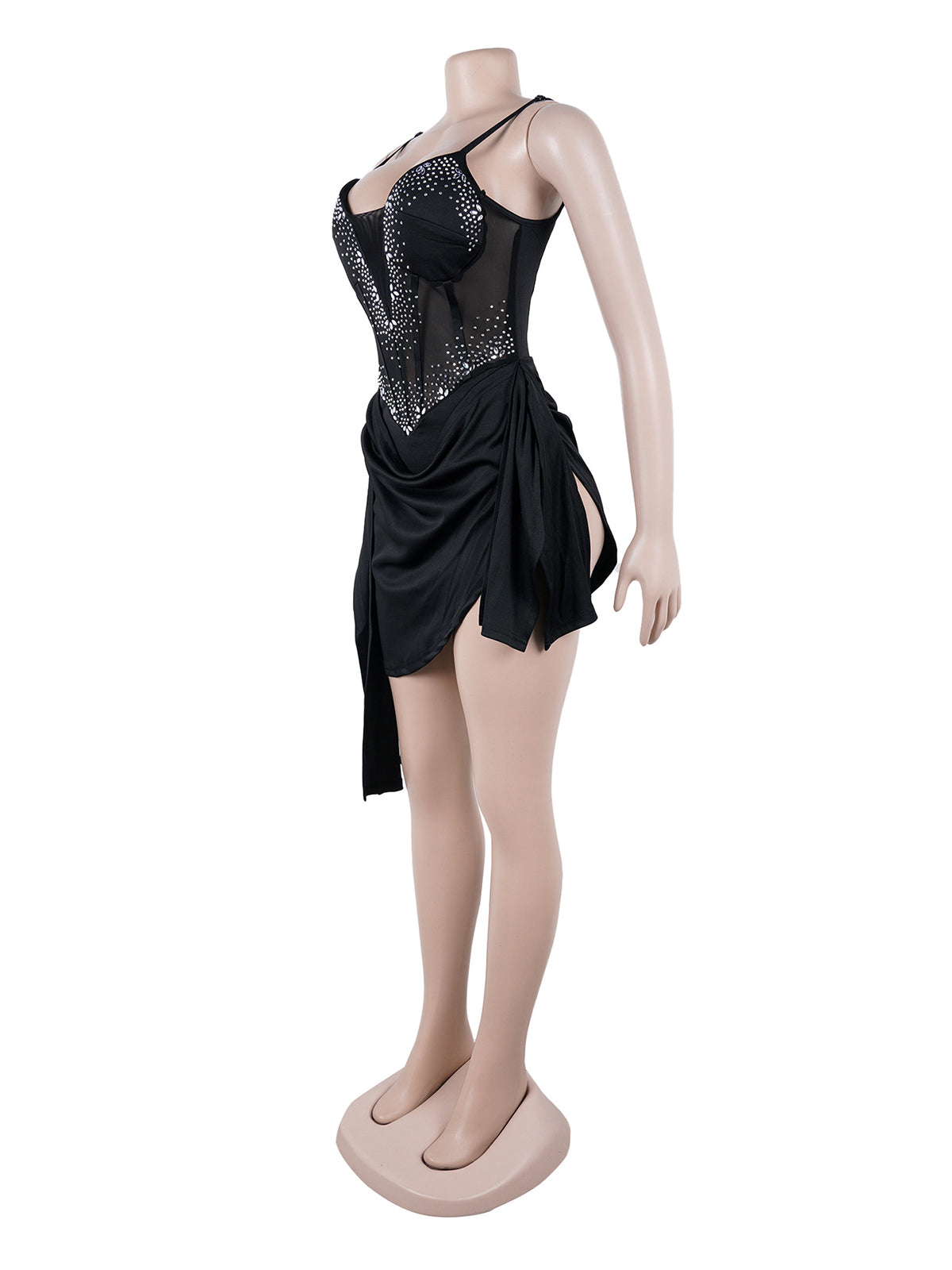Sexy Rhinestones Sheer Mesh V Neck Ribbons Mini Dress