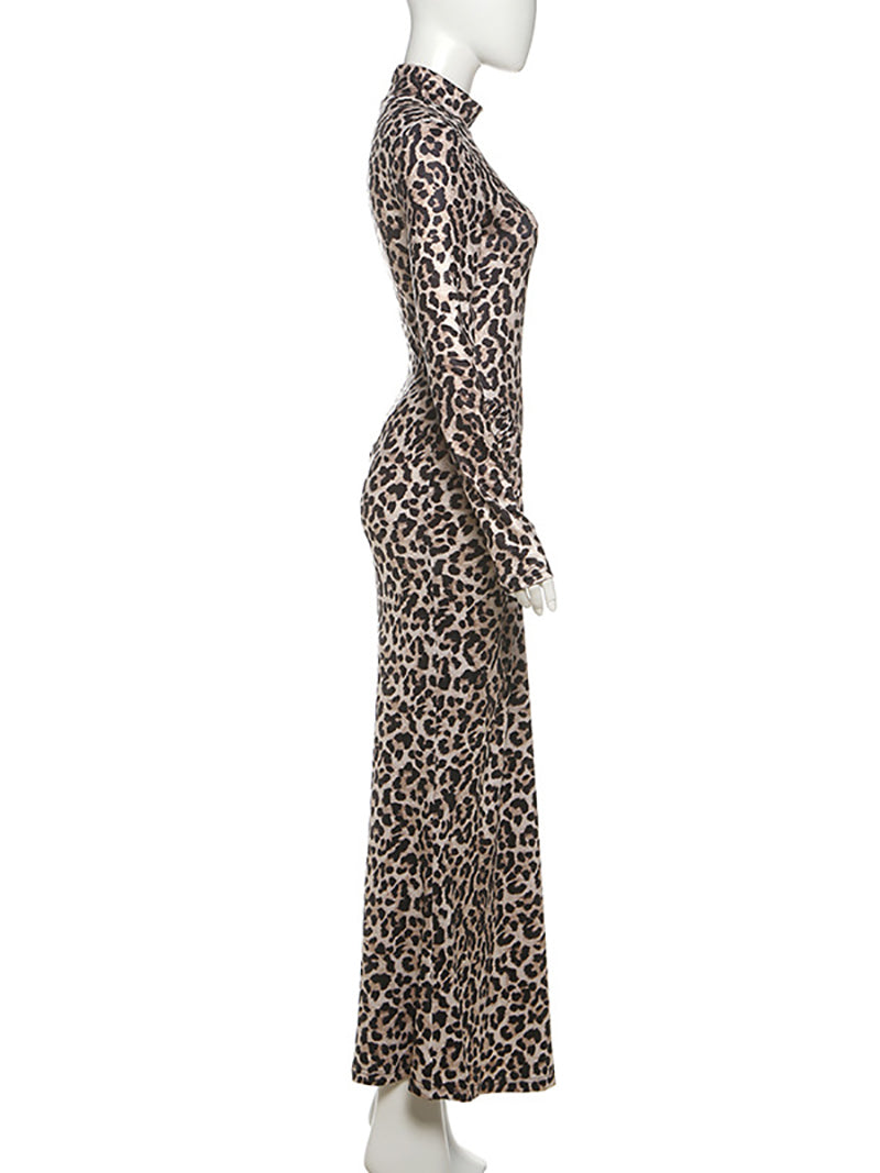 Sexy Round Neck Leopard Print Slim Pleated Maxi Dress