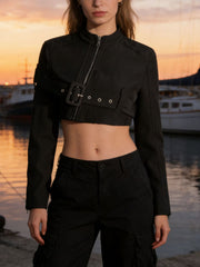 Fashion Band Collar Plain Belted Crop Zip Jacket