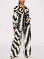 Plus Size Long Sleeve Stripe Shirt Wide Leg Pants Sets