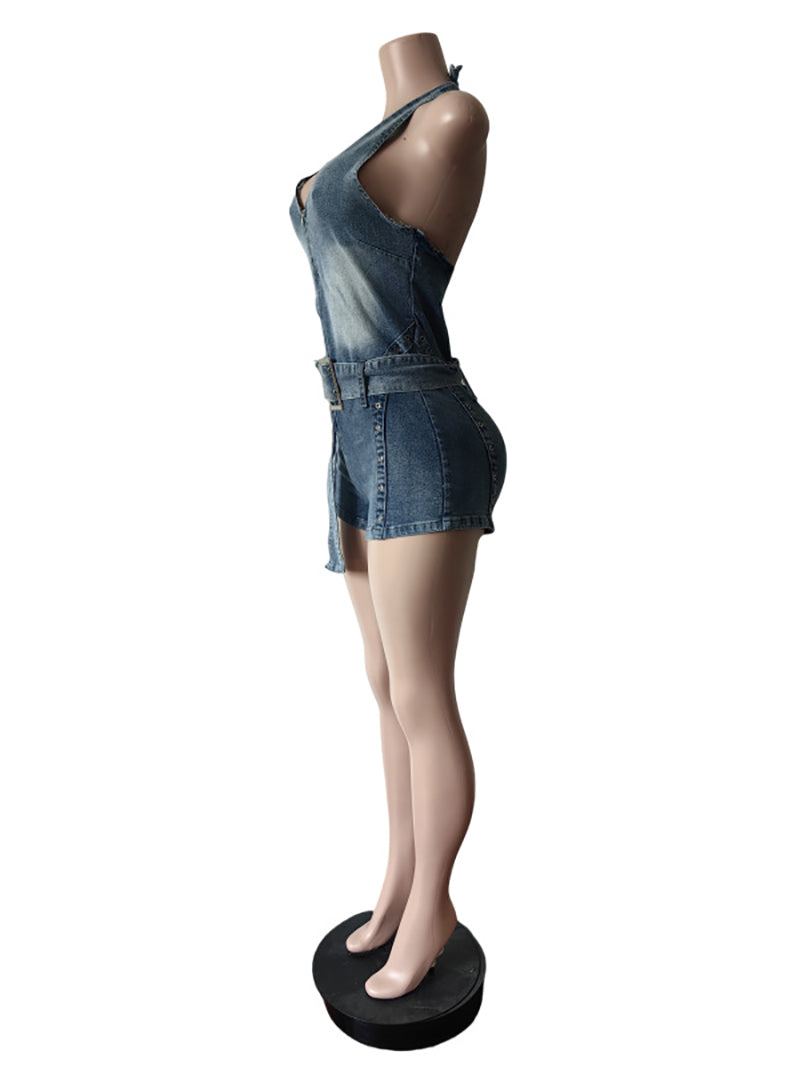 Casual Stretch Denim Halter Backless Romper