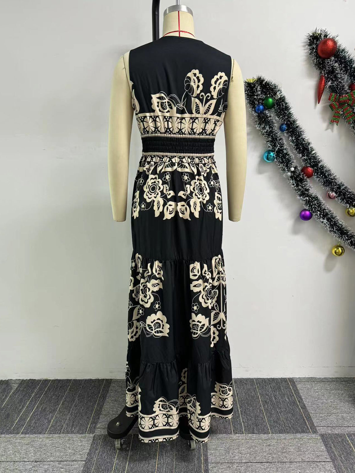 Print Patchwork Tie Up Hollow Out Sleeveless Maxi Dress