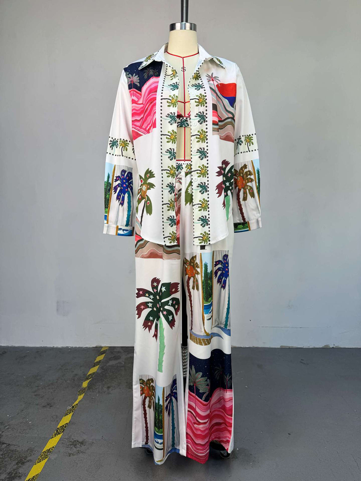 Print Bra Blouse and Elastic Pants Three Piece Sets