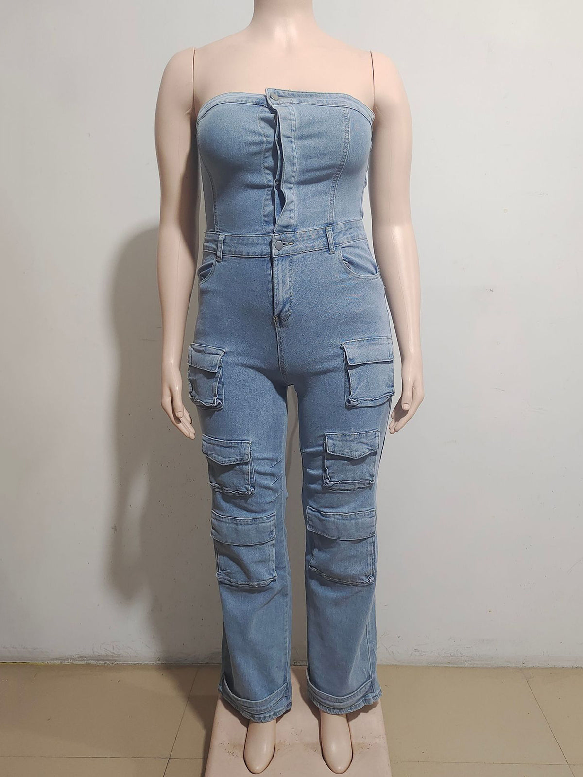 Casual High Waist Cargo Denim Jumpsuit