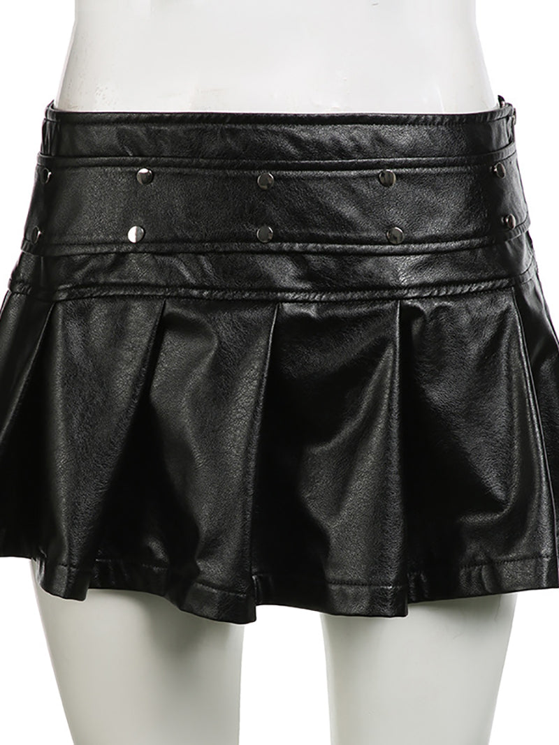 Mid Waist Pleated Faux Leather Mini A-Line Skirt