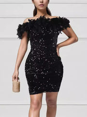 Sequin Off Shoulder Pleated Club Bodycon Mini Dress