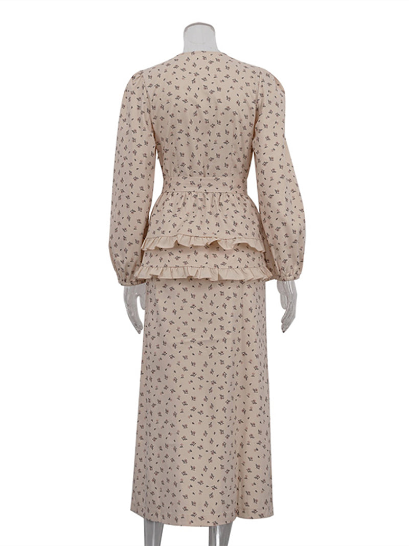 Elegant V-neck Print Waist Ruffle High Split Maxi Dress